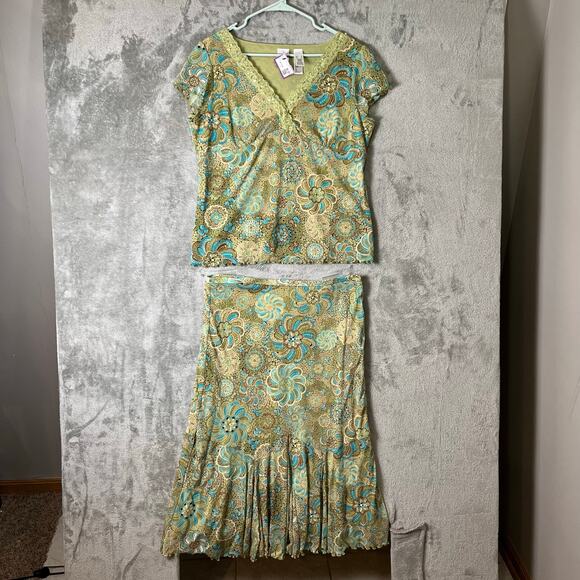 Vintage Dresses & Skirts - Vintage Y2K Fairy Boho Two Piece Set Floral Paisley Cottagecore Babydoll Lace XL